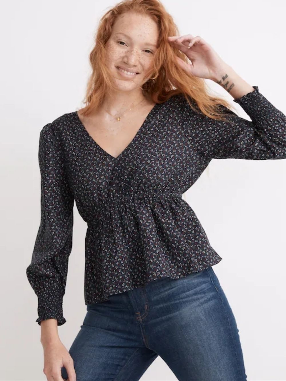 Madewell Womens Deep Indigo Blue Campden Daisies Tie Back Peplum Top NWT Small